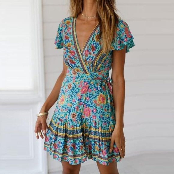 BOHO BEACH HUT GREEN BOHO FLORAL PRINT MINI DRESS SIZE SMALL - Picture 9 of 9